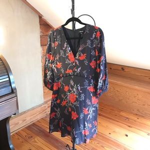 Madewell Black Red Silk Floral V-Neck Dress, EUC, 4